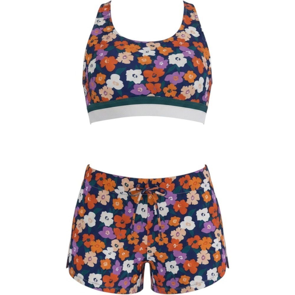 Floral Two Piece Tankini Swimsuit Set Racerback Top and Shorts Orange Purple 2XL